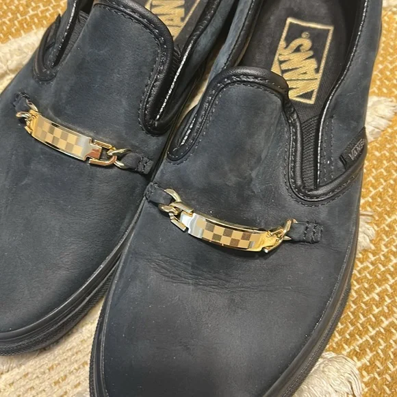 Vans classic black leather slip on ID gold trim - Picture 2 of 9